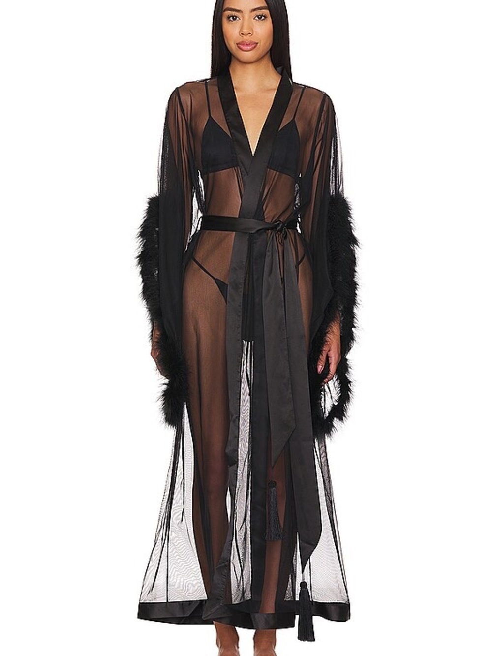 NWT (M/L) Thistle & Spire Fete Robe - Black Sheer / Feathered Boudoir Robe